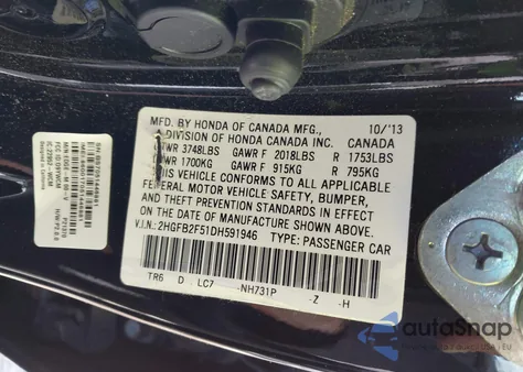 2013 Honda Civic Lx z USA, uszkodzony, nr VIN 2HGFB2F51DH591946